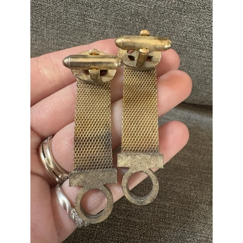 Vintage Dante Gold Tone Oval Orange Glass Stone‎ Mesh Wrap Fashion Cufflinks